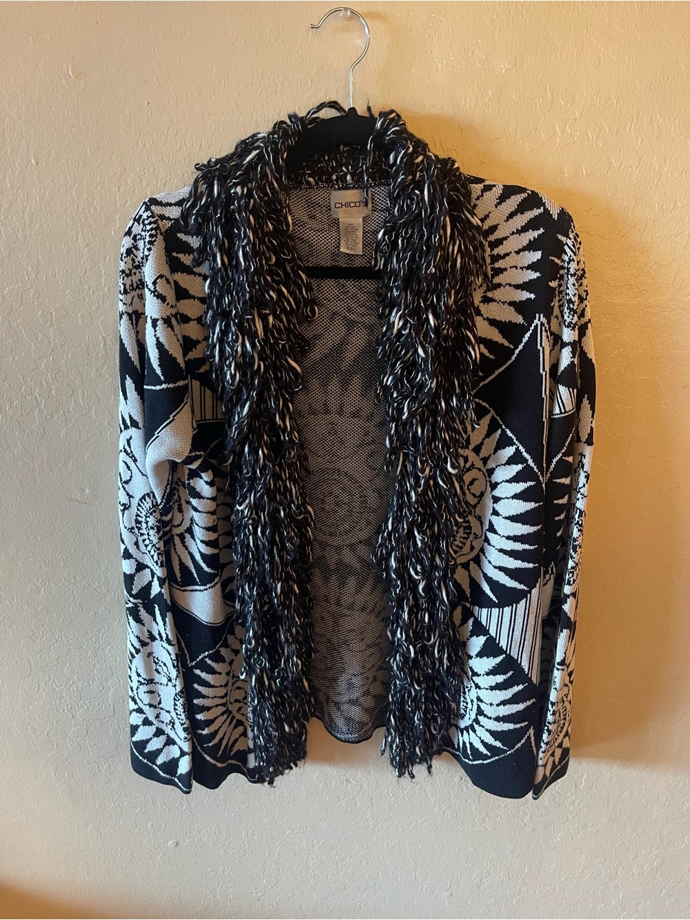 Chico's Black and White Patterned Open Cardigan with Shaggy Faux-Fur Trim